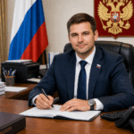 Smiling man in a navy suit signs a document at a wooden desk, with the Russian flag in the background.
