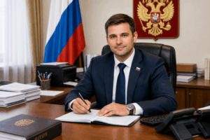 Smiling man in a navy suit signs a document at a wooden desk, with the Russian flag in the background.
